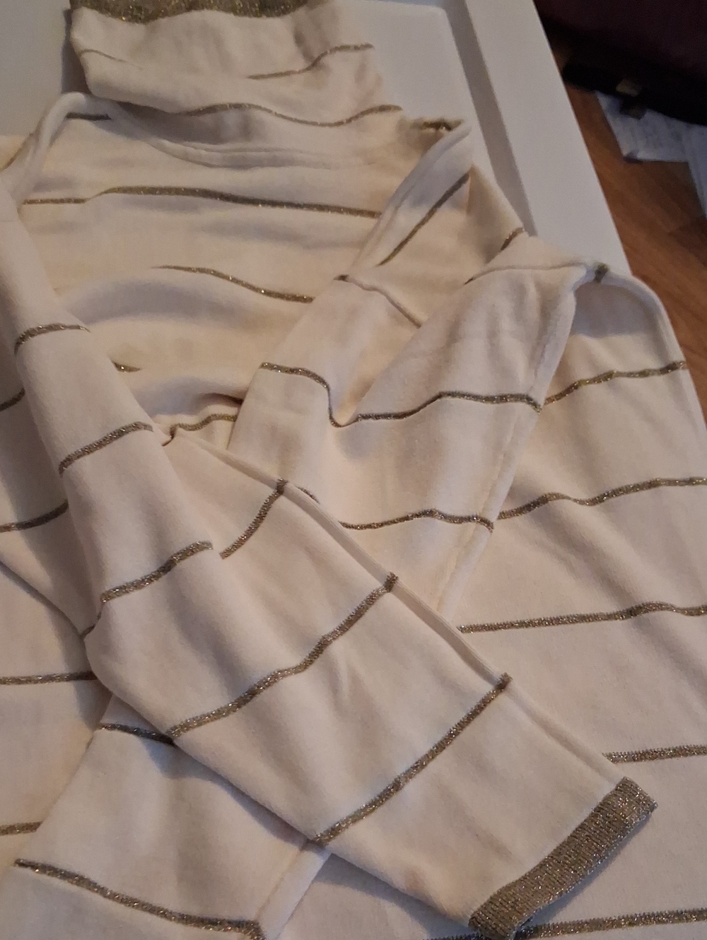 Ashley By 26 International Cream Crewneck Sweater with Gold Metallic Stripes